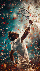 Triumphant Tennis Victory Mobile Design Featuring Celebratory Confetti and Ecstatic Olympic Crowd