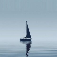 Obraz premium A minimalist image of a sailboat silhouetted against a calm sea, with a gentle morning mist in the background. Generative AI