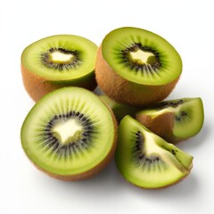 Sliced kiwis with vibrant green flesh and detailed textures, showcasing seeds and freshness. 3D Render.