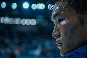 Determined Judo Athlete's Focus Before Match with Olympic Rings Background - Sports Photography Print