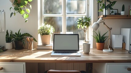 Fototapeta premium A home office corner, showcasing a laptop on a desk and a matching cabinet, both contributing to a clean and minimalist aesthetic. Generative AI.