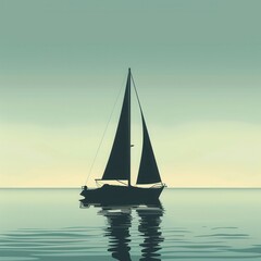 Fototapeta premium A minimalist silhouette of a sailboat on calm waters against a muted sunset sky. Perfect for showcasing luxury sea travel and yachting experiences. Generative AI