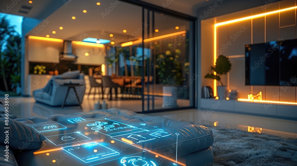 Poster close-up of a smart home interior, interactive home automation interfaces, smart appliances in actio