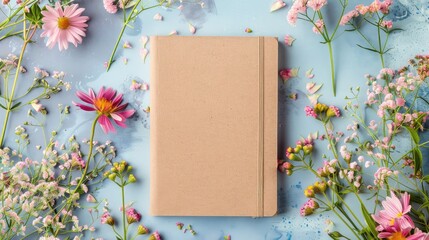 Kraft paper notebook with spring flowers and a light background