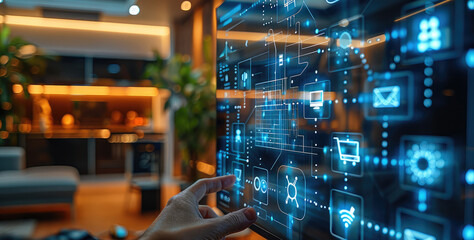 Close-up of a smart home interior, interactive home automation interfaces, smart appliances in action, contemporary living space with IoT connectivity, ambient lighting. Generative AI.