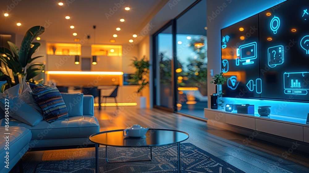 Poster close-up of a smart home interior, interactive home automation interfaces, smart appliances in actio