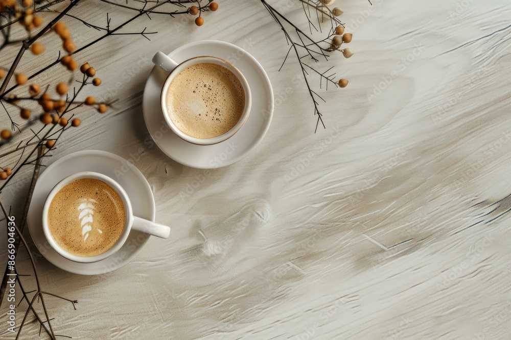 Poster two cups of coffee are sitting on a table with a branch with berries laying beside them