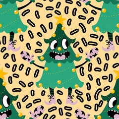 Cartoon Christmas tree seamless pattern for wrapping paper and fabrics