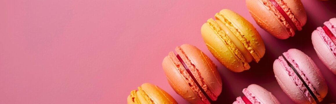 Colorful macarons on pink background