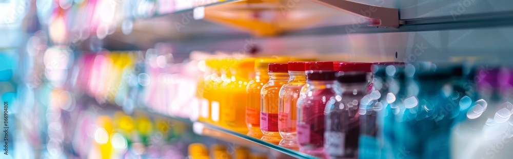 Poster blurred colorful bottles on a store shelf