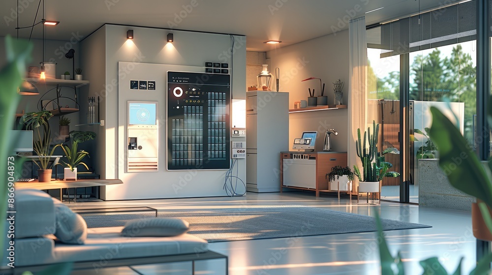 Aufkleber smart home interior showcasing various elements of automation and renewable energy. an open electric