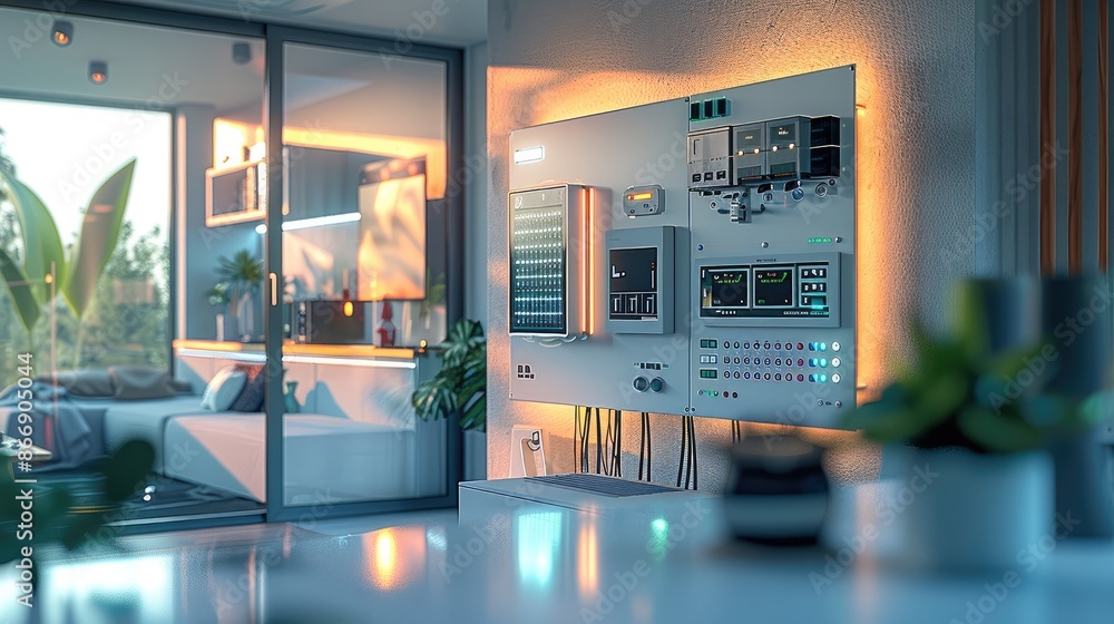 Aufkleber smart home interior showcasing various elements of automation and renewable energy. an open electric