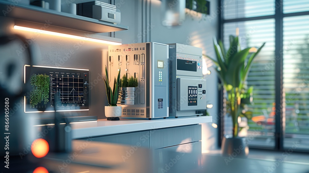 Aufkleber smart home interior showcasing various elements of automation and renewable energy. an open electric