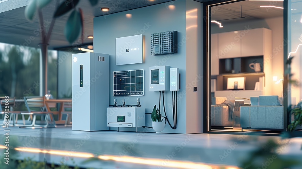 Aufkleber smart home interior showcasing various elements of automation and renewable energy. an open electric