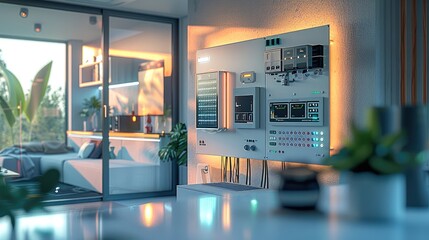 Smart home interior showcasing various elements of automation and renewable energy. an open electrical panel with neatly organized wires and circuits is visible. Nearby, a solar panel is depicted.