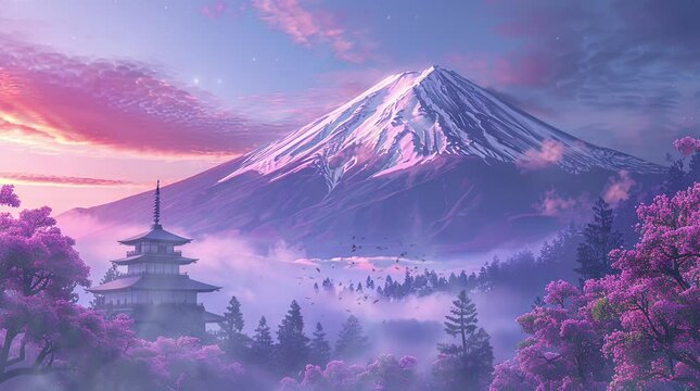 Majestic mountain peak towering above a misty forest
 Seamless looping 4k time-lapse virtual video animation background. Generated AI