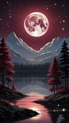 Naklejka premium create a night scene with a large luminous maroon full background