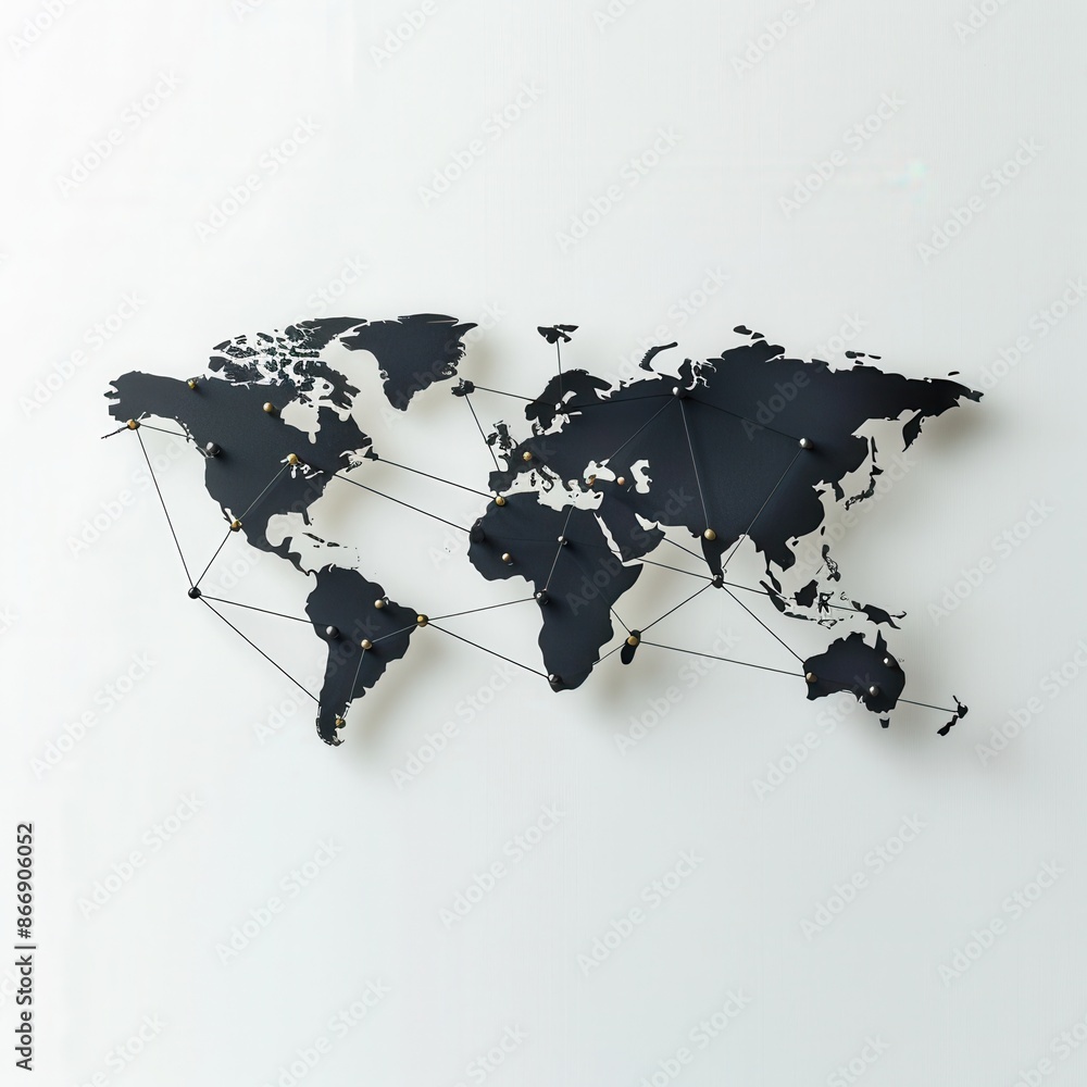 Aufkleber A simple, black world map with connected routes, representing global travel and connections. Perfect for travel agencies and booking services. Generative AI