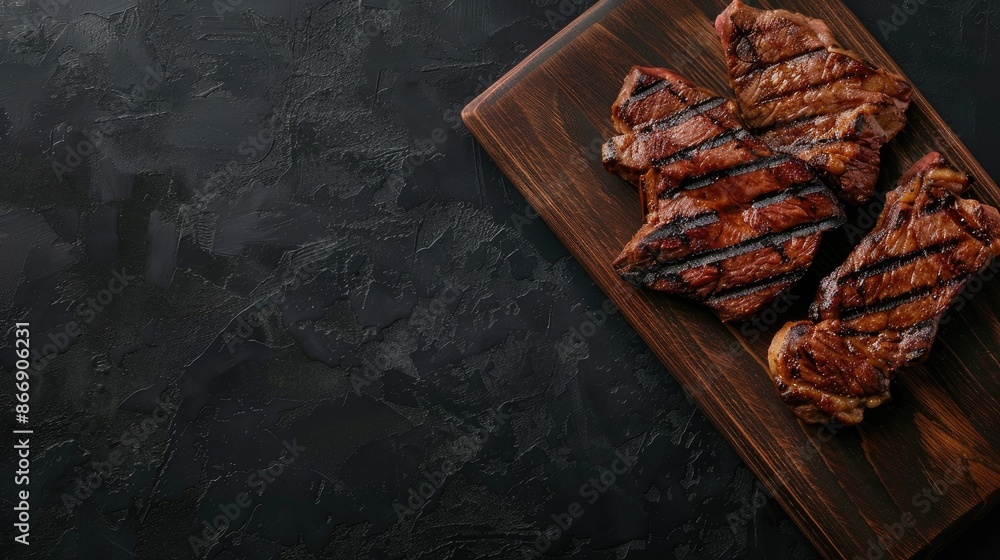 Poster grilled denver steak on cutting board with bbq beef on black background top view with space for text