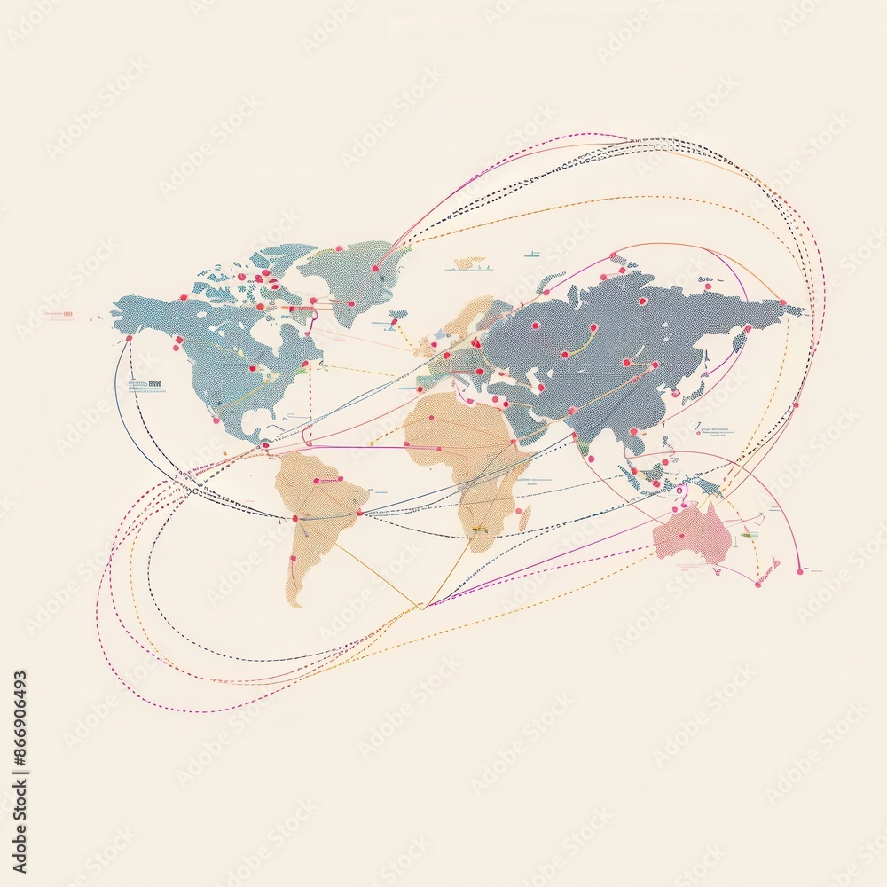 Poster A minimalist world map with highlighted travel routes, perfect for travel agencies and global booking services. Generative AI