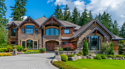 A modern large luxurious house with a well-kept front lawn and an elegant driveway