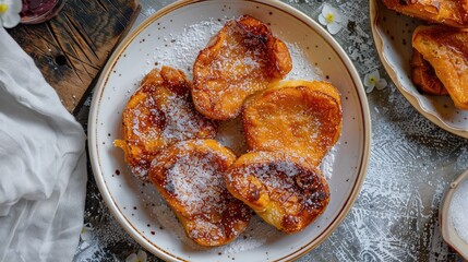 Traditional Spanish sweet treat sugared torrijas displayed on a white plate from above