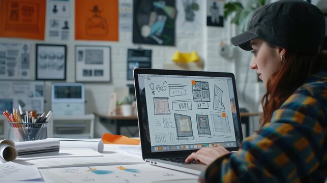 young professional using a laptop to attend a virtual design critique, with sketches and prototypes on the table