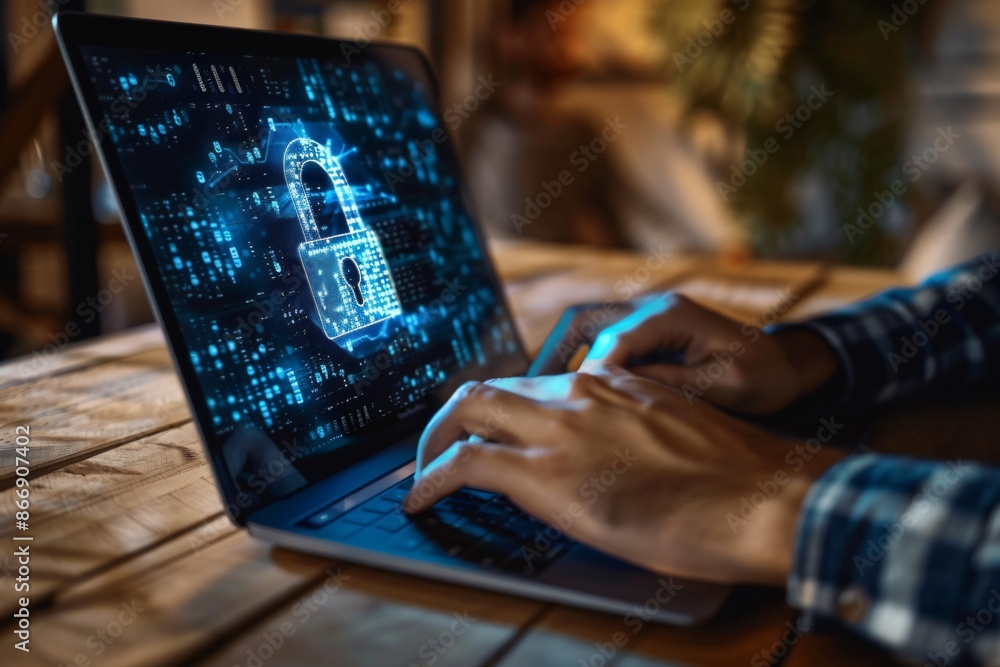 Poster close-up of hands typing on laptop with digital lock on screen. data encryption and online security 