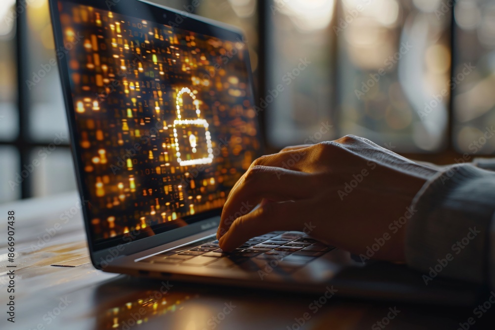 Poster close-up of hand typing on laptop with digital padlock on screen. cybersecurity and data protection 