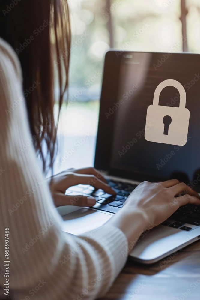Poster person typing on a laptop with a lock icon displayed on the screen in a softly lit environment. cybe