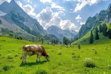 Cow grazing in alpine green field on beautiful summer day. Farm animal graze in meadow with beautiful mountain landscape