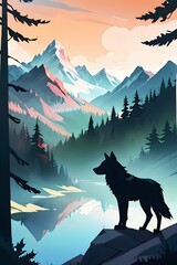 Illustrated landscape with a wolf overlooking a mountain lake, perfect for nature-themed projects, book covers, and adventure branding.