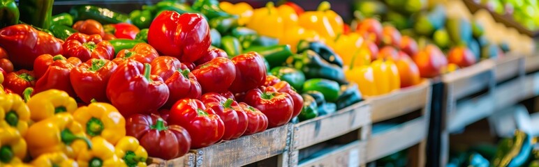 Variety of fresh bell peppers in a market