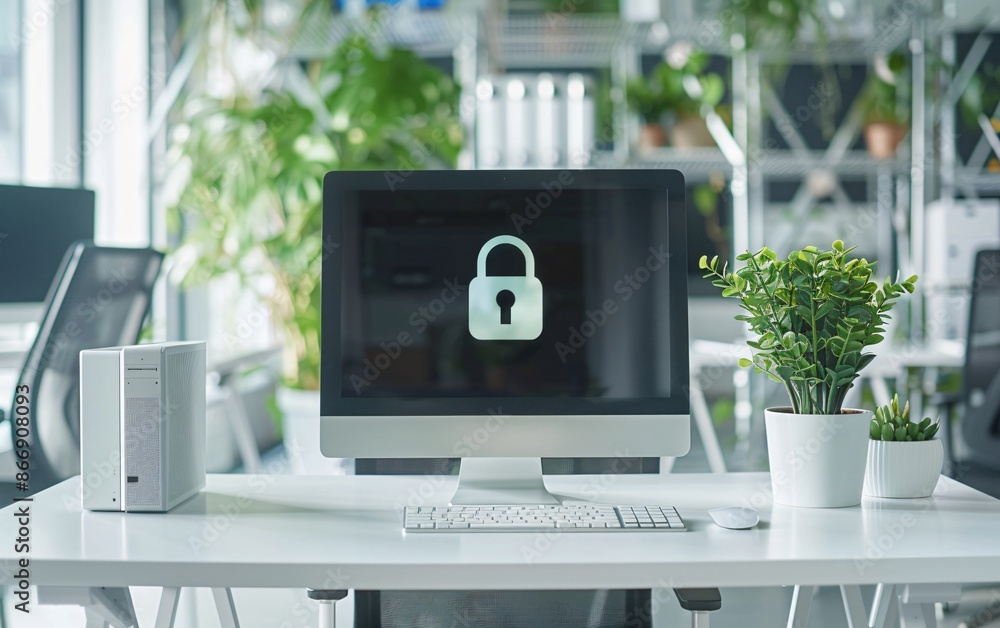 Poster desktop computer with padlock symbol on screen in a modern office. cybersecurity and data protection