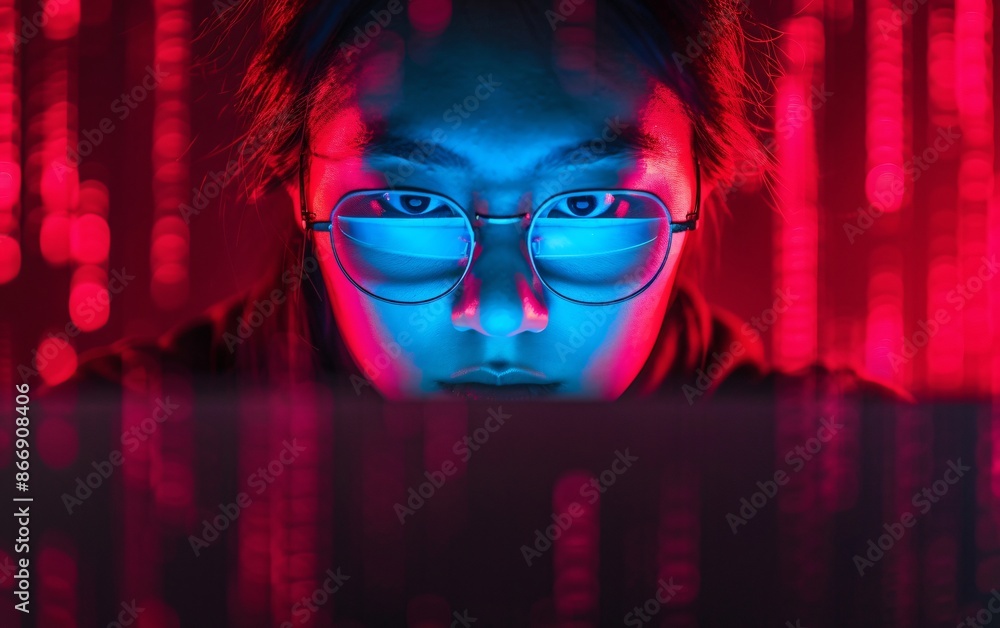 Poster person wearing glasses with binary code reflections in red and blue lighting. cybersecurity and tech