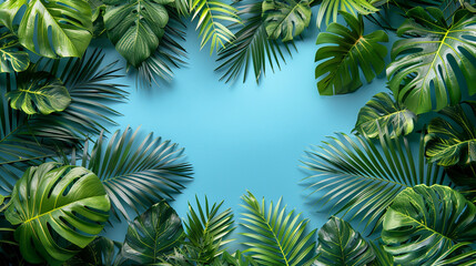 Tropical Palm and Monstera leaves. Summer exotic trendy background with place for text