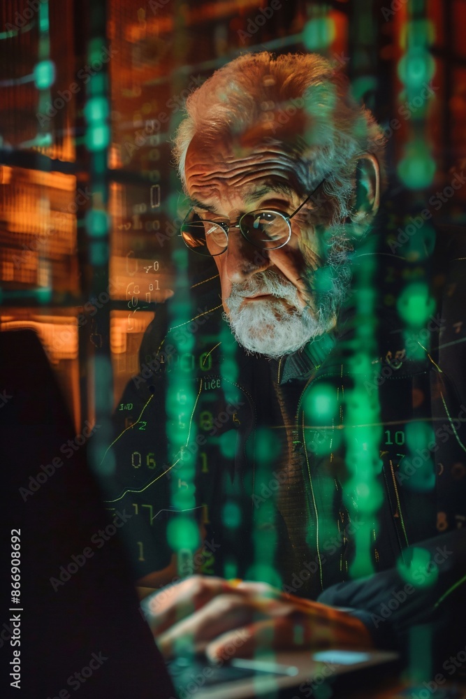 Poster elderly man with glasses using a laptop with digital code overlay. cybersecurity and technology conc