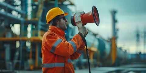 Industrial worker in a hard hat and safety uniform using a megaphone at a construction site, perfect for industrial themes, safety advertisements, or workplace communication content.