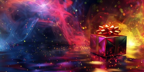 Banner with a gift on a dark background with glitter.