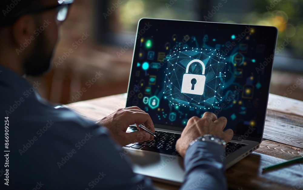 Poster man typing on laptop with digital padlock icon on screen. cybersecurity and data protection concept.