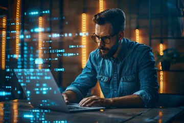 Focused man in glasses working on laptop with overlay of digital code. Software development and coding concept. Design for poster, banner, header, and wallpaper.
