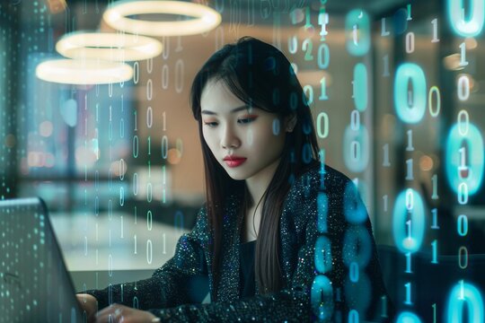 Woman working on laptop with digital binary code overlay in a modern office. Cybersecurity and data analysis concept. Design for poster, banner, header, and wallpaper