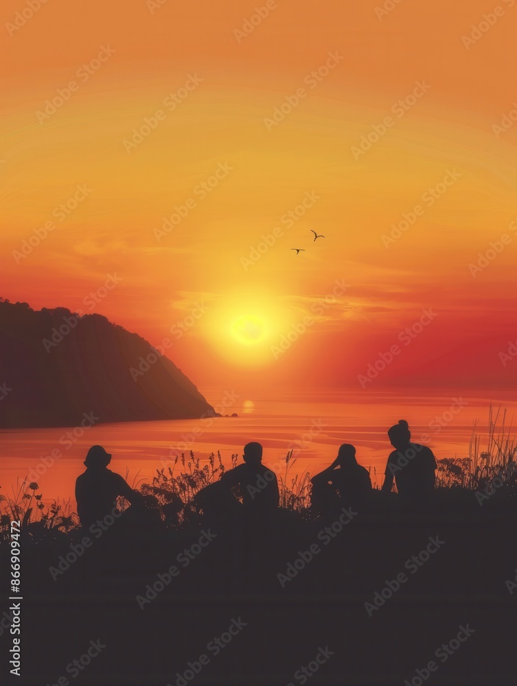 Poster silhouettes of people relaxing on a hilltop, enjoying the golden sunset over a calm ocean. a perfect