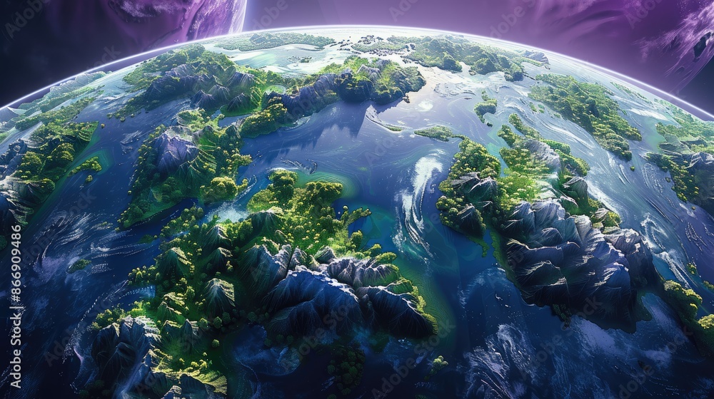 Poster a flat map showing the continents of an alien planet. ocean is purple and forests are green. generat