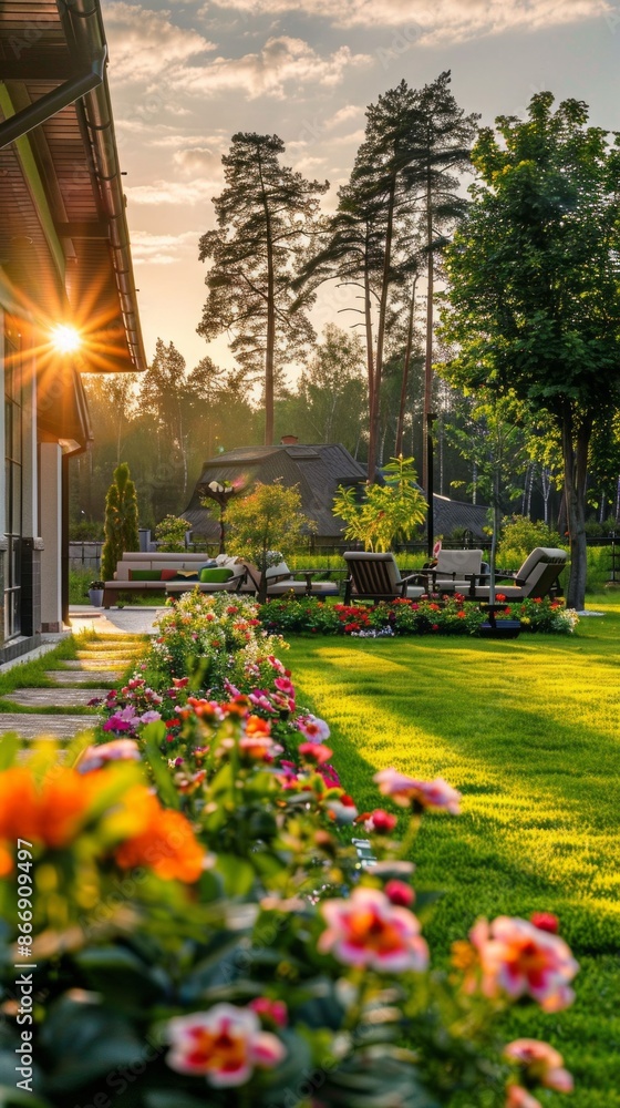 Poster A picturesque view of a lush garden with a stone pathway leading through colorful flower beds. The setting sun casts a warm glow on the scene, creating a tranquil and inviting ambiance