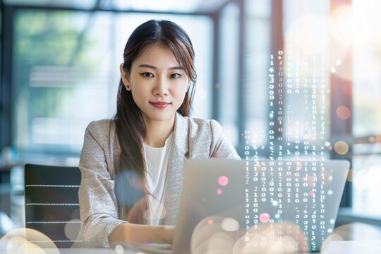 Professional woman working on laptop with digital binary code overlay. Data protection and cybersecurity concept. Design for poster, banner, header, and wallpaper. - Powered by Adobe