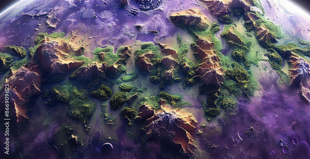 Poster a flat map showing the continents of an alien planet. ocean is purple and forests are green. generat