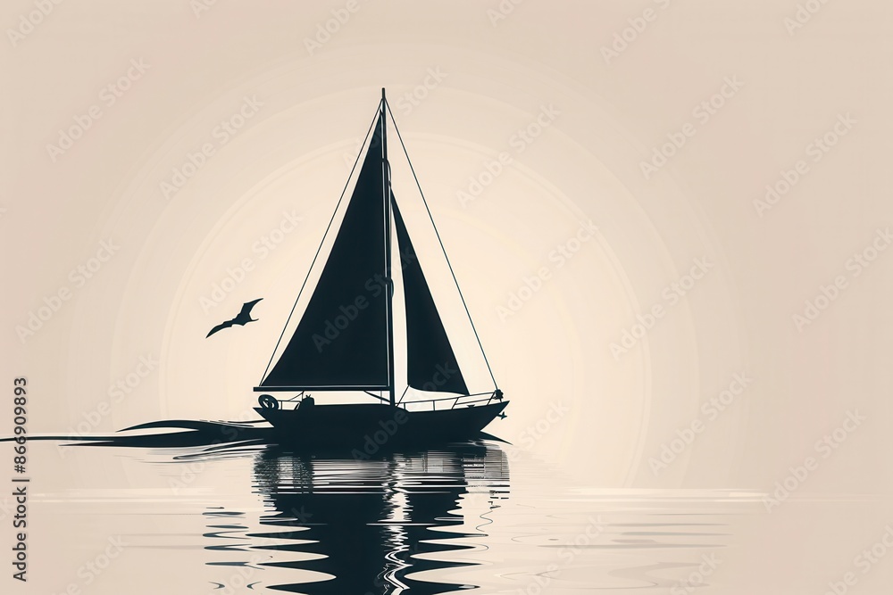 Poster a minimal and elegant image of a sailboat silhouette on calm water with the setting sun in the backg