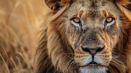 Visual aid on the African Lion Panthera leo illustrating its intense gaze origins in Africa and habitats in savannas and grasslands with visuals of its majestic mane and social pride behavior