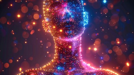 Fun, bright colorful, realistic futuristic neon lights illustration of body absorbing energy wealth and money with audio frequencies overlayed pulsating. Generative AI.